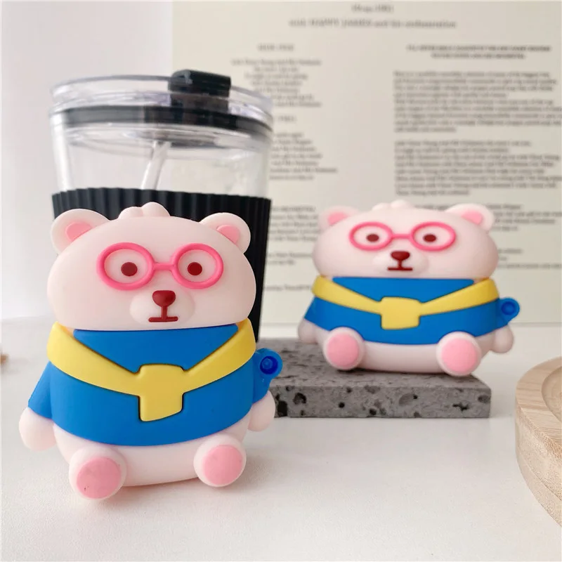 3D Cute Cartoon Glasses Bear Designers Silicone Wireless Earphone Protection Box Cover For AirPods Pro for AirPod 1 2