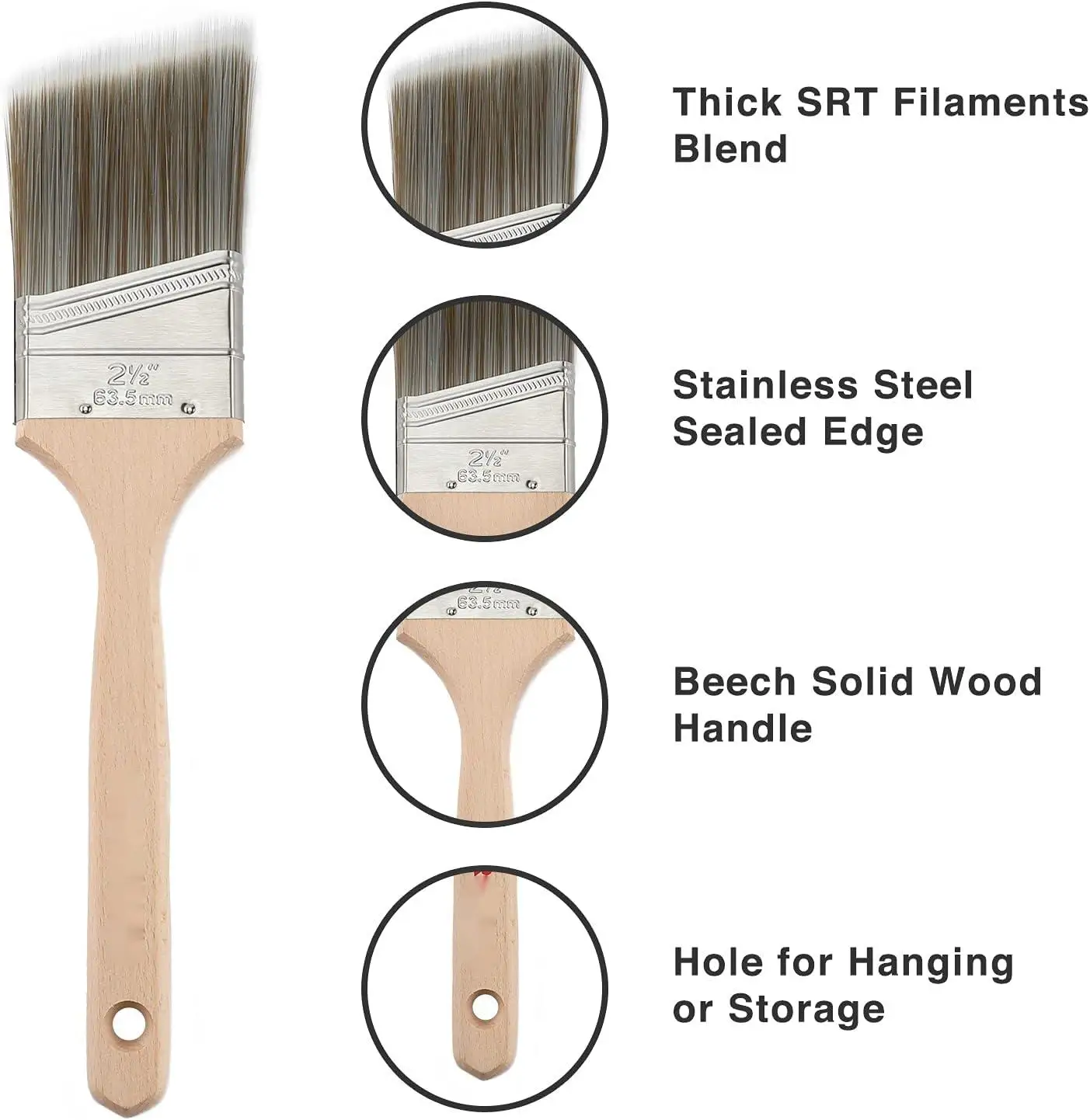 Paint Brushes Set 5-Piece Professional Flat and Angle Sash Paint Brush with Wood Handle