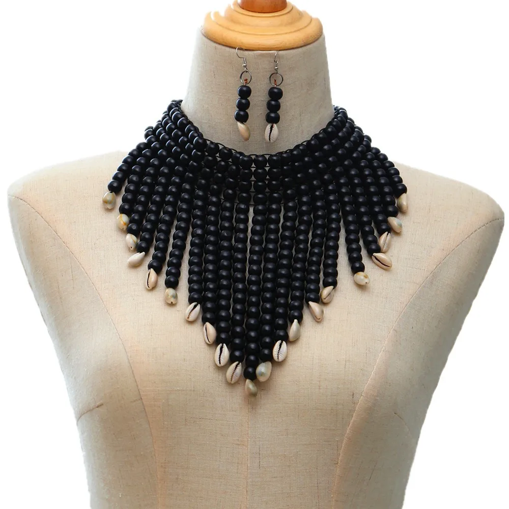 african minority style necklace wooden beaded shell jewelry choker modern fashion  shinny beaded colorful set jewelry for women