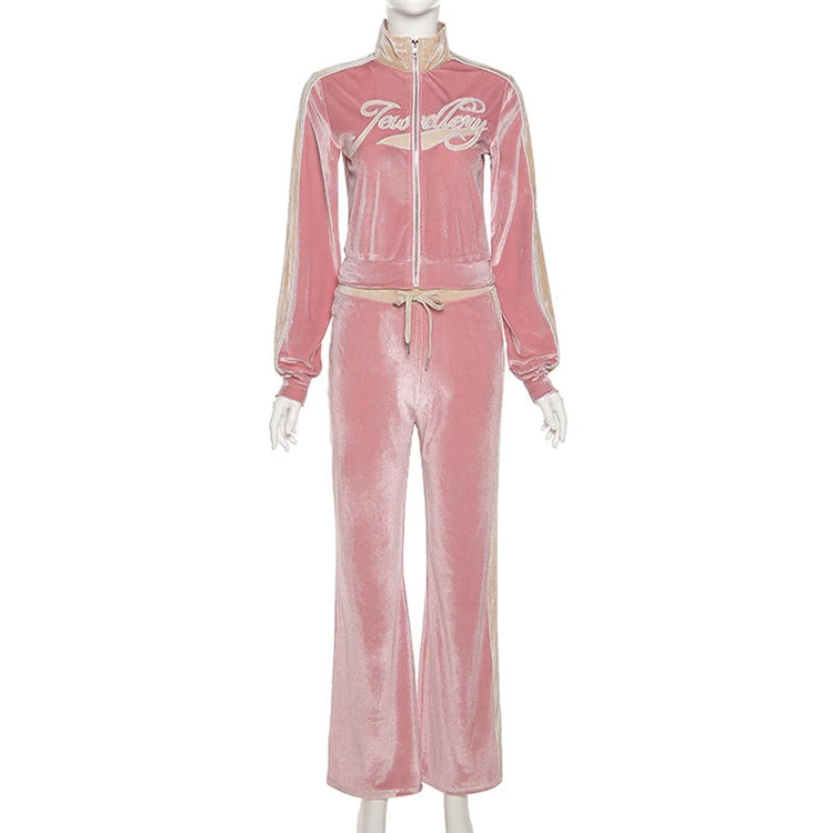 Hot Sale Embroidery Velour Tracksuit Two Piece Set Women Clothing Long Sleeves Zipper Sport Set