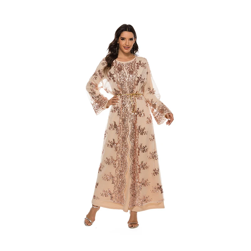 New Arrival Casual Stunning Sequin Evening Muslim Clothing Abaya Kaftan Dress Maxi Long Dress Woman