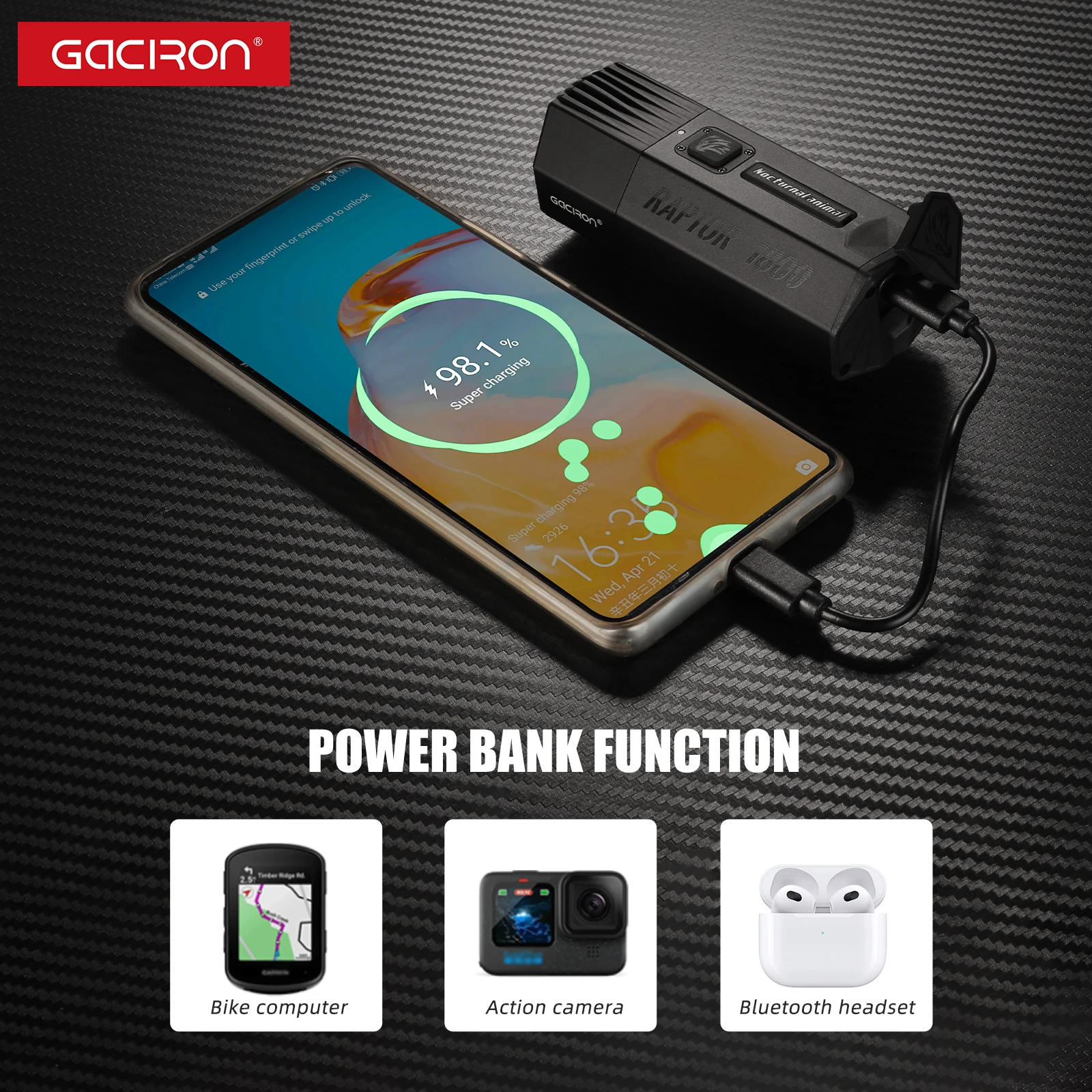 Gaciron Raptor-1800 Lumen Power Bank MTB Off-Road LED Bike Frame Lamp Waterproof Cycling Light Led Bicycle Bike Front Light