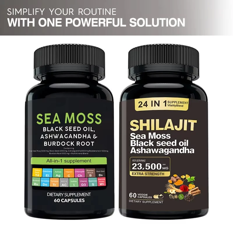 Private Label All In 1 Supplement Shilajit Fulvic acid 24 in 1 shilajit capsule and seamoss capsule