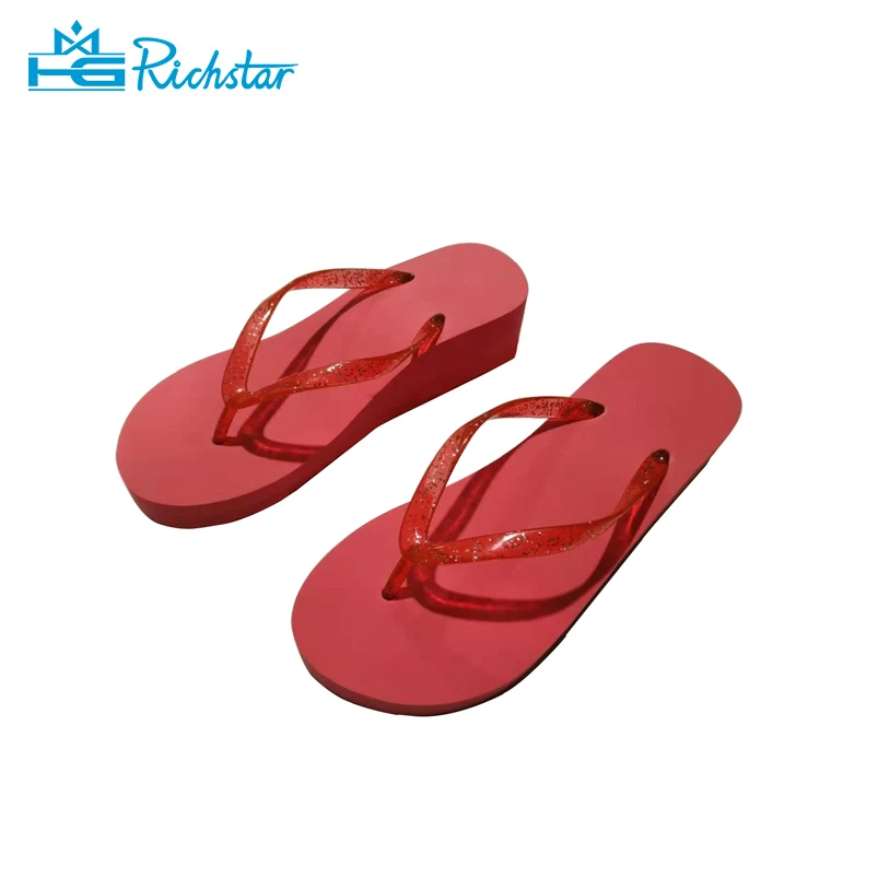 Hot sale solid color  high heel slippers ladies eva wedge flip flops beach slipper flower