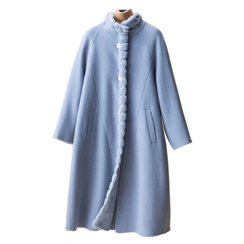 
2020 New Trendy Fashion Women Double Face Fur Neck Overcoat Long Thick Wool Ladies Coat 