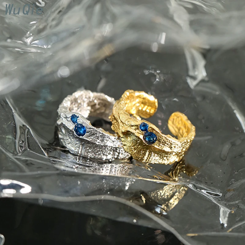 Wuqie Niche Design Irregular Texture Silver Gold Plated Ring Statement Blue Zircon Ring for Women