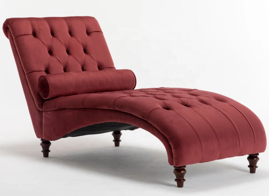 
Long chaise lounge velvet fabric buttons design wooden legs home funiture 