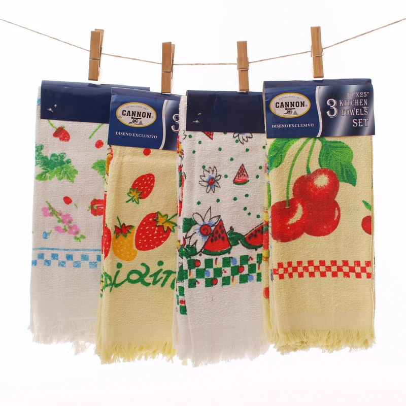 factory Custom High quality polyester cotton fruit pattern kitchen tea towel with tassel