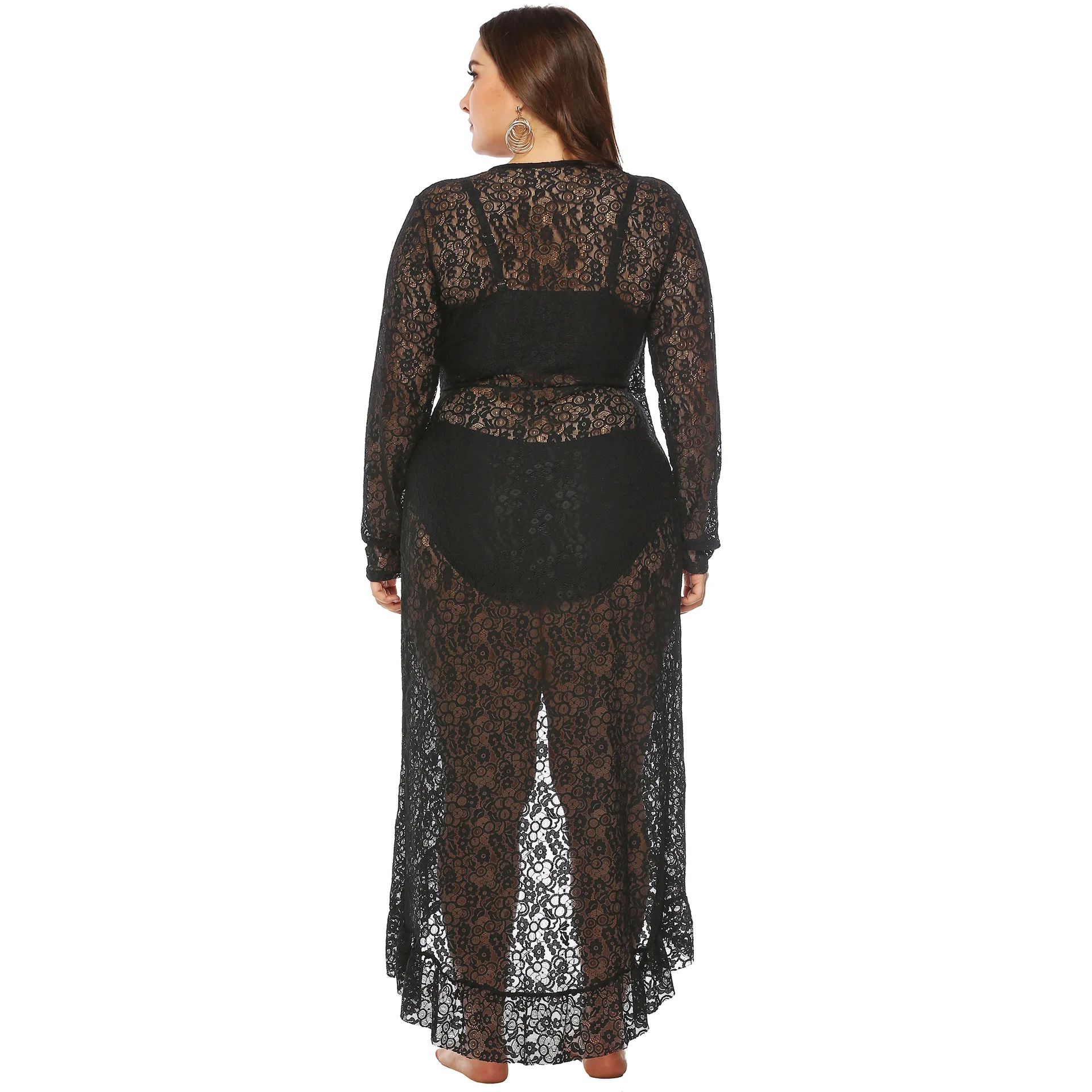 Factory  Lace crochet hollow out Irregular flounces plus size beach cover up dress see through pareo and sarong bikini cover ups