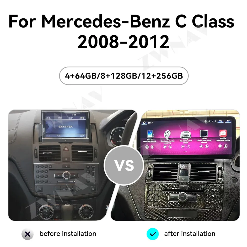 ZWNAV 12.3 Inch Carplay For Mercedes-Benz C Class 2008-2012 Car Radio GPS Navigation Multimedia Player Car Stereo Head Unit