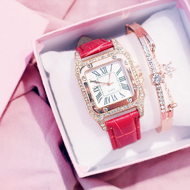 Hot Sale Women Ladies Fashion Leather Strap Square Diamond Quartz Wrist Bracelet Watches Gift Set for ladies women