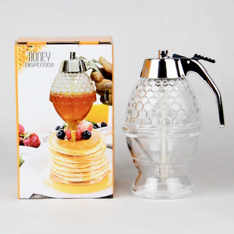 Honeycomb Container Honey Syrup and Sugar Jar Pot No Drip Dispenser with Stand