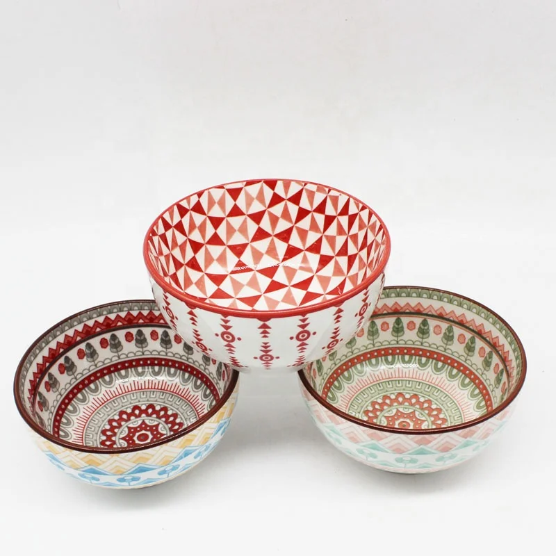 6.5 inch Wholesale Stoneware Bowl with Retro Pad Printing Patterns Ceramic Soup Bowl Customized Various Patterns for Kitchen