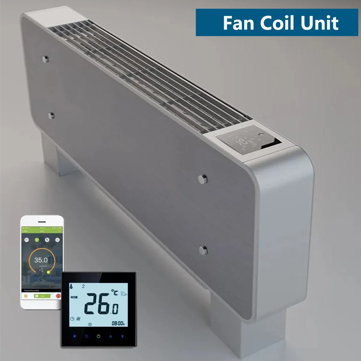 Super Thin Hydronic Fan Coil Heating & Cooling Water Radiator 12cm Thickness with Dc Inverter Motor 115V/60HZ Glass Panel