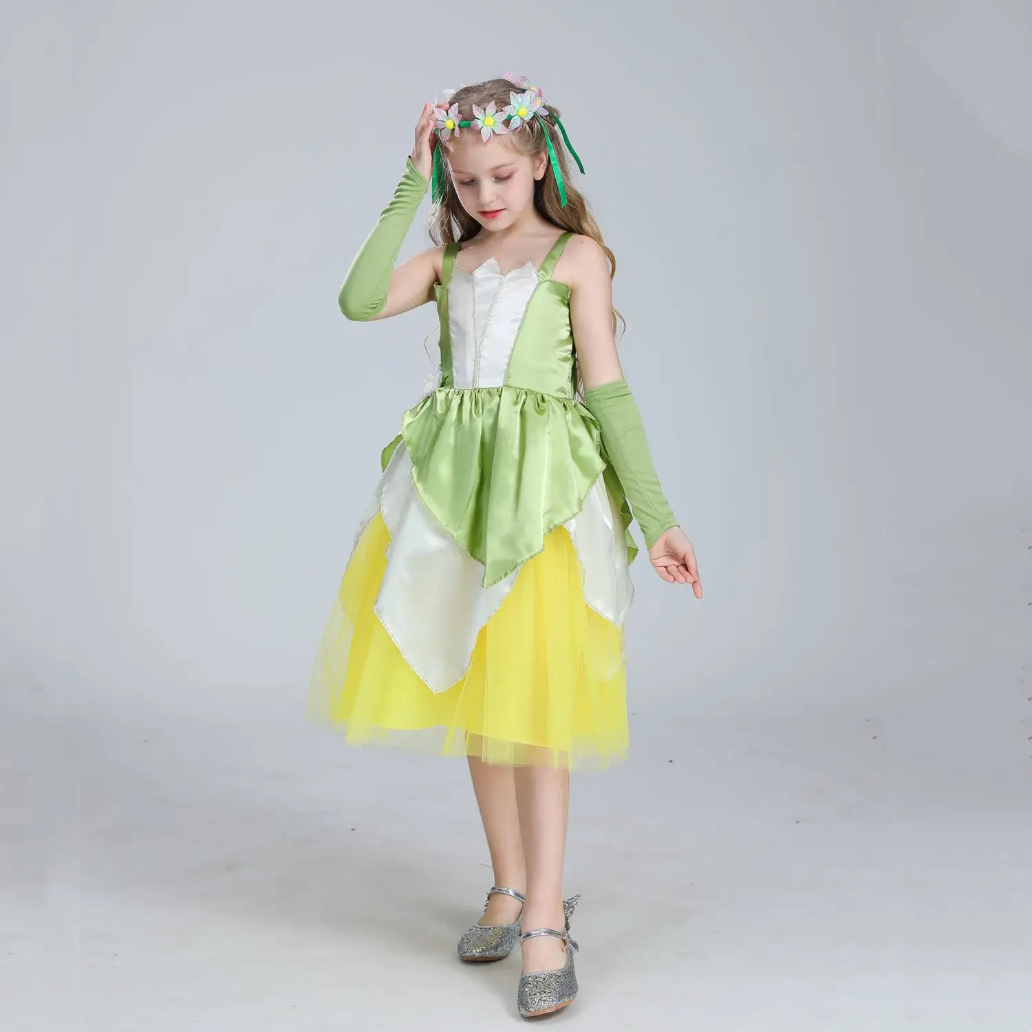 Xifei Princess Tiana Cosplay Dress For Girls Princess Frog Tv Costume For Halloween Party Green Elf Puffy Gauze Skirt For Girl