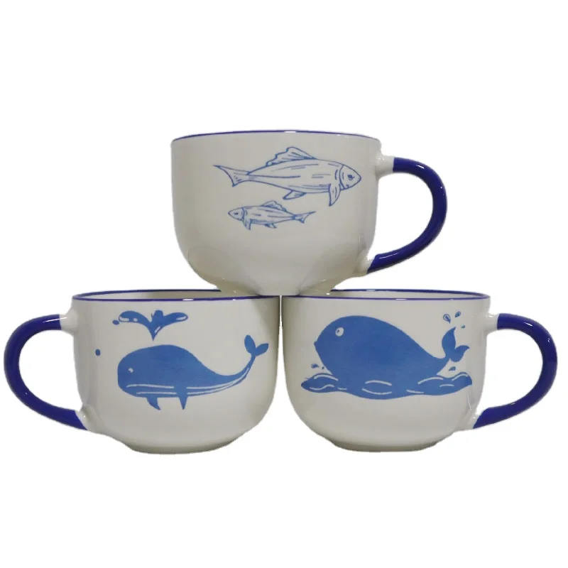 
Custom Ceramic Mug Soup Mug with Inner Color Glazed for Wholesale Printed Pattern and Blue Rim with Handle 