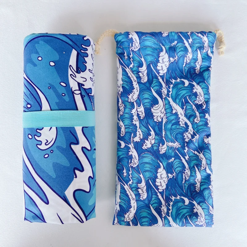 high quality ready to ship quick dry Suede Microfiber Two Side Printed recycled plastic sand free beach towel with matching bag