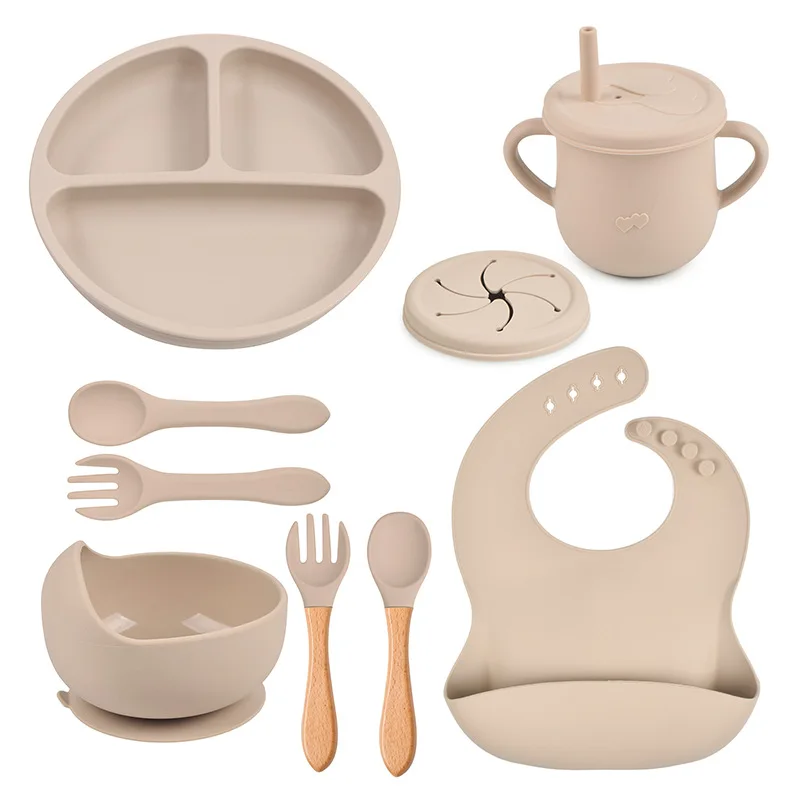 Suction Plate Bowl Cup Spoon Bibs Set Kids Baby Toddler Food Grade Feeding Set