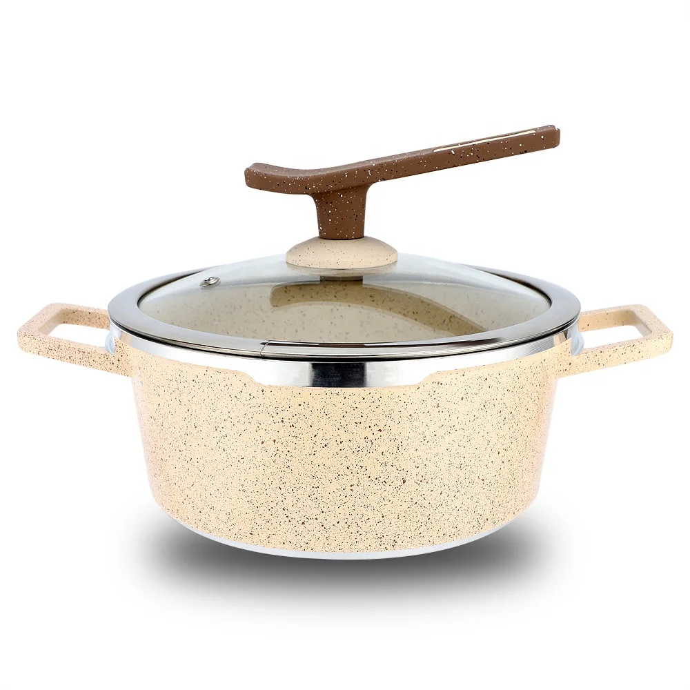 new launch die cast beige marble nonstick coated with lid stock pot casserole