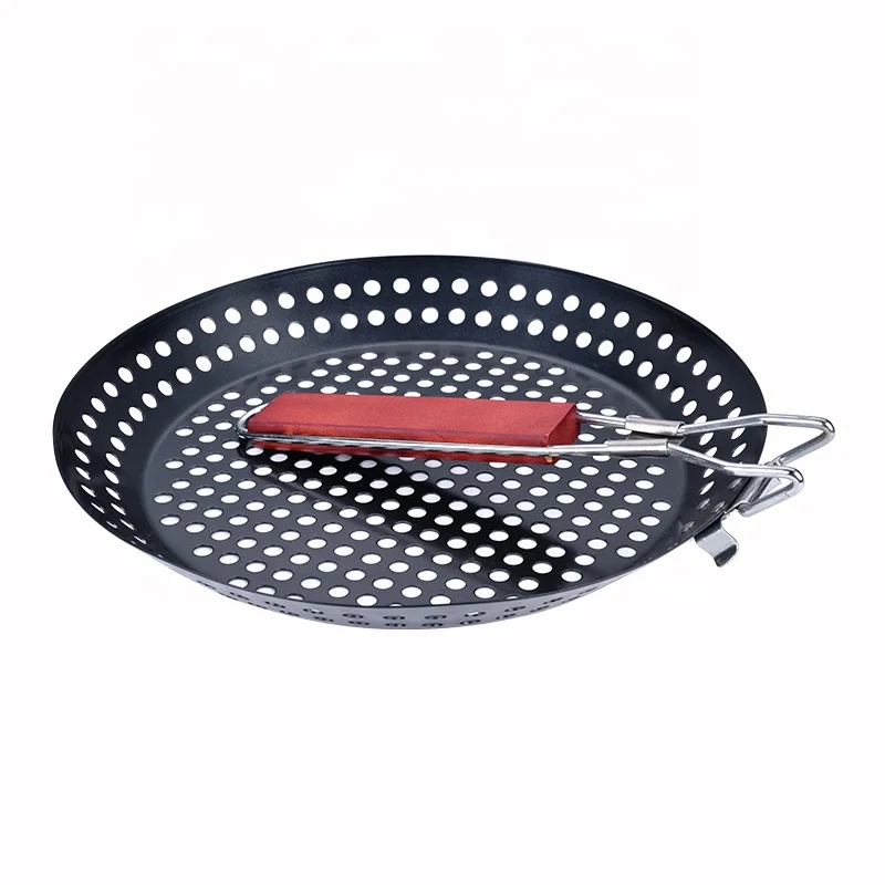 Bbq Grilling Non Stick Coating Pan Accessories Round Basket Skillet Grill Topper With Removable Wooden Handle