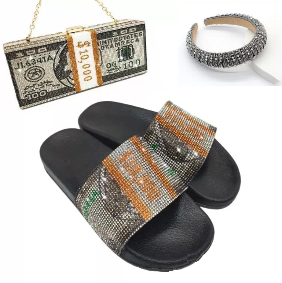 
Dollar Bling Rhinestone money purse and shoes and headbands set Evening Hand Bag women Money purse with headbands 