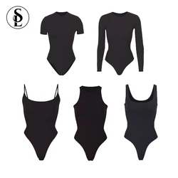 Custom Color Women One Piece Bodycon Ribbed Cotton Jumpsuits Long Sleeve Scoop Neck Shapewear Skims Bodysuit