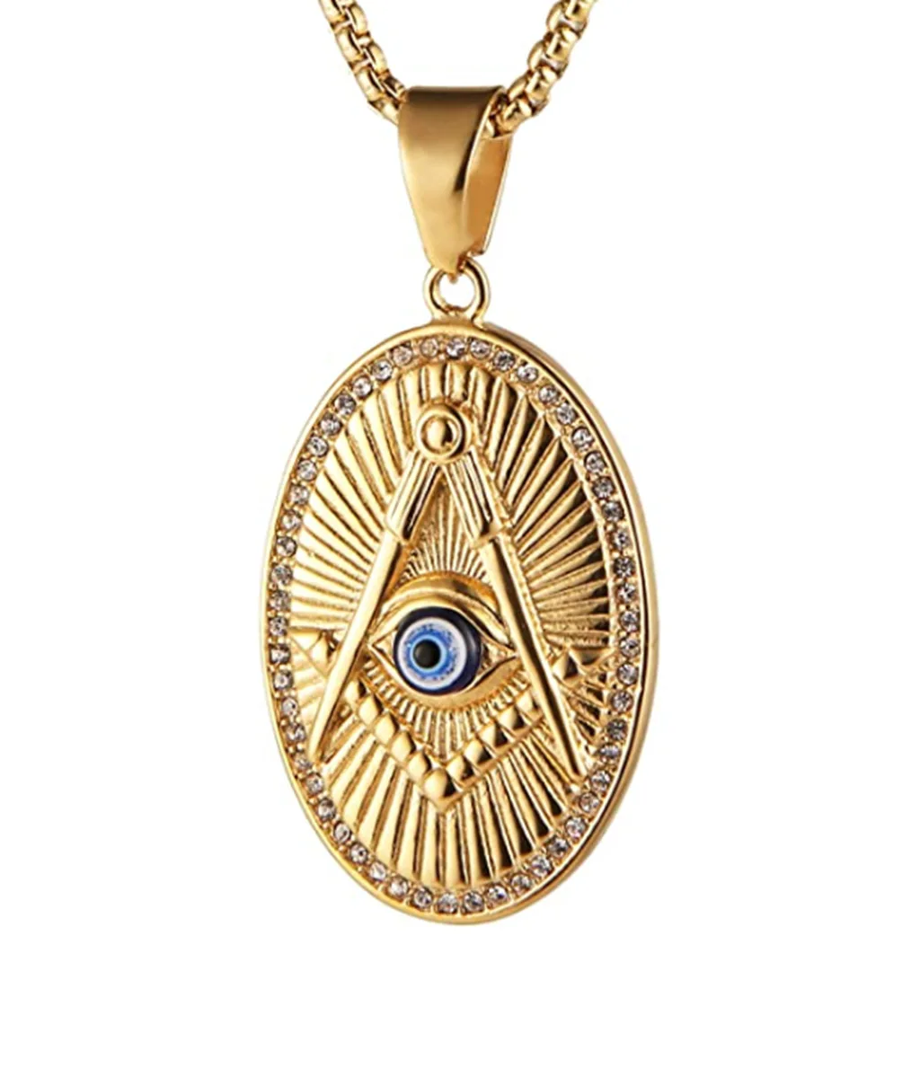Men Stainless Steel 18K Gold Plated Crystal Masonic Eye Oval Shaped Free Mason Signet Pendant Necklace Jewelry