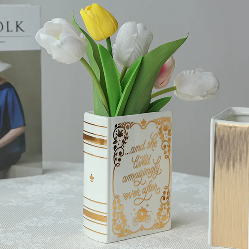 Luxury Nordic Home Hotel Decorative White and Gold Ceramic Book Shaped Flower Vase Pen holder for Office