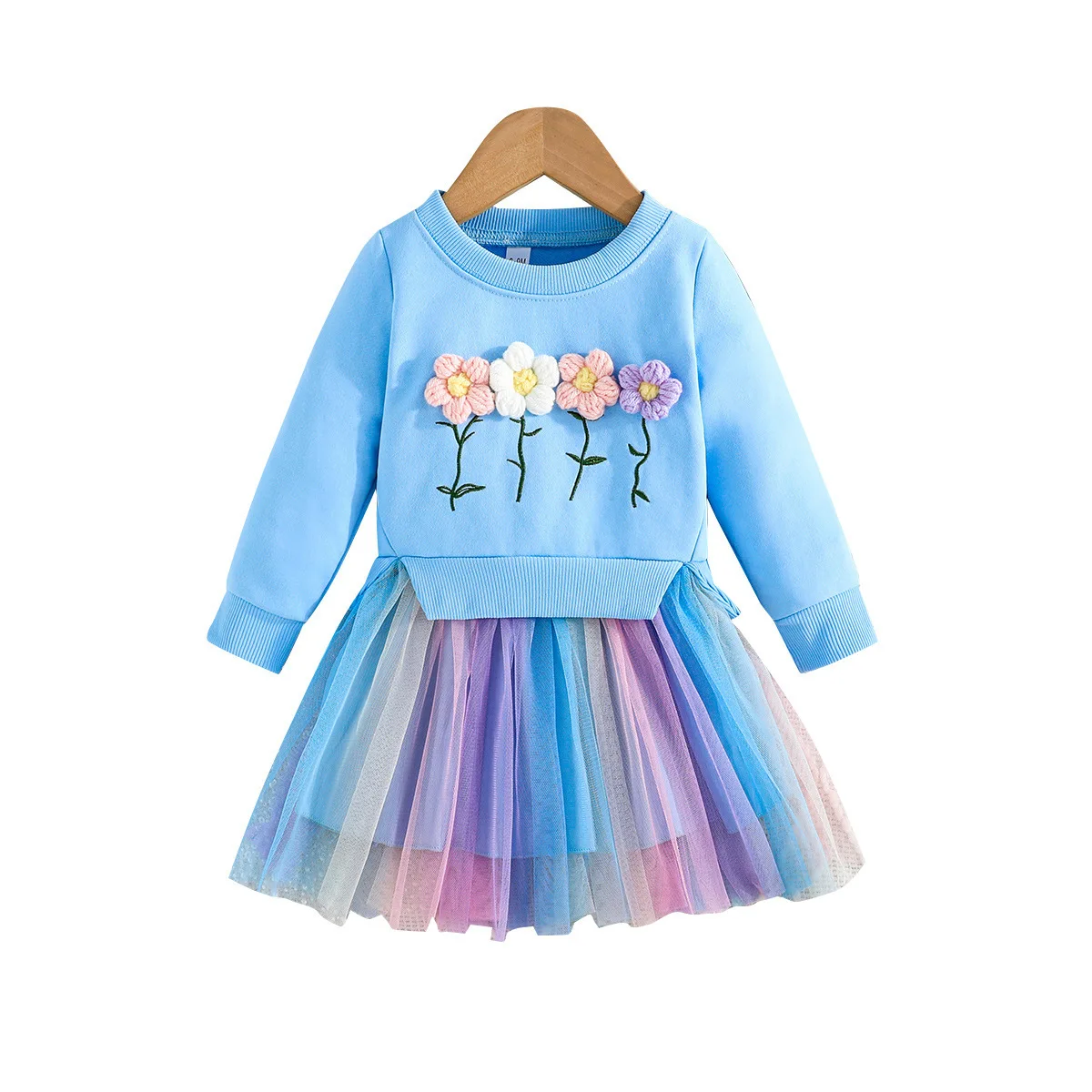 New Fashion Kids Clothing 3D Flowers Appliques rainbow Tulle Skit Infant Outfit Baby Girls Casual Dress for Spring Autumn