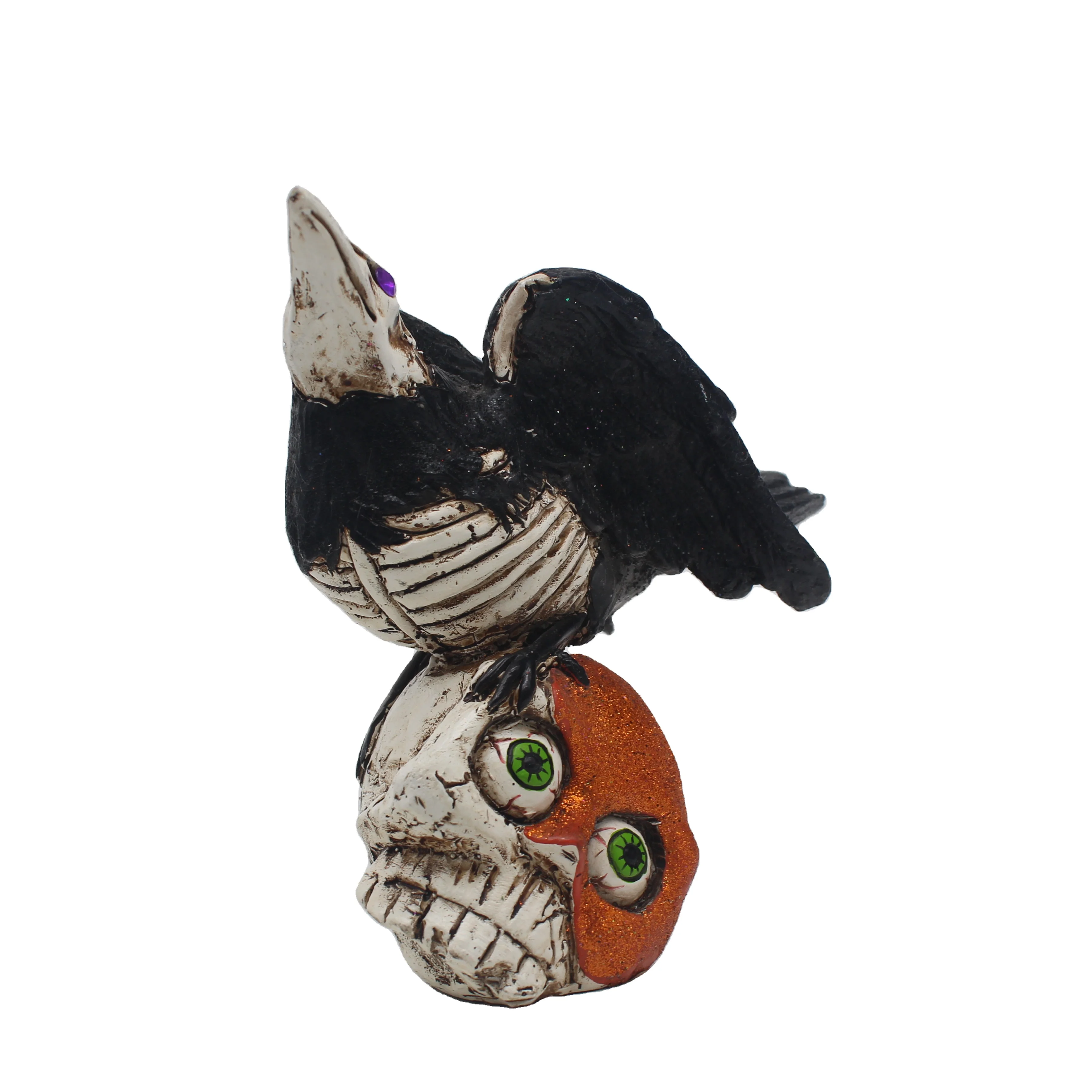 Custom Resin Crafts Vintage Black Crow Skull Head Figurine Ornament Skeleton Bones Gothic Art Glitter Halloween Decorations