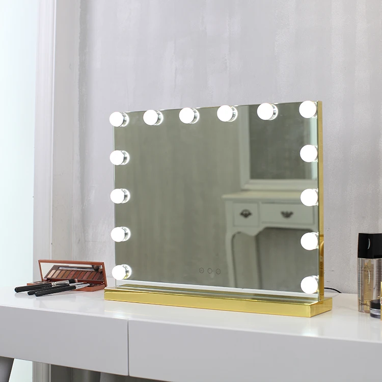 Hollywood High Quality Lighted Led Mirror Tabletop Vanity Mirror with Dimmable Light Bulbs 50 Square Cosmetic Mirror Gold-plated