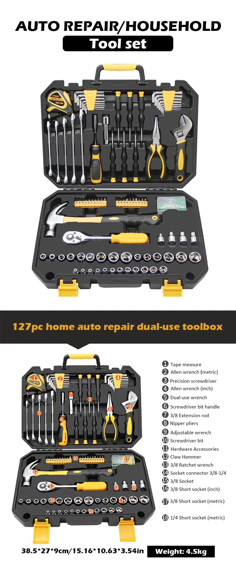127pcs 3/8" 1/4" car repairing vehicle mechanical sets hand tools auto car tire repair tool kit set
