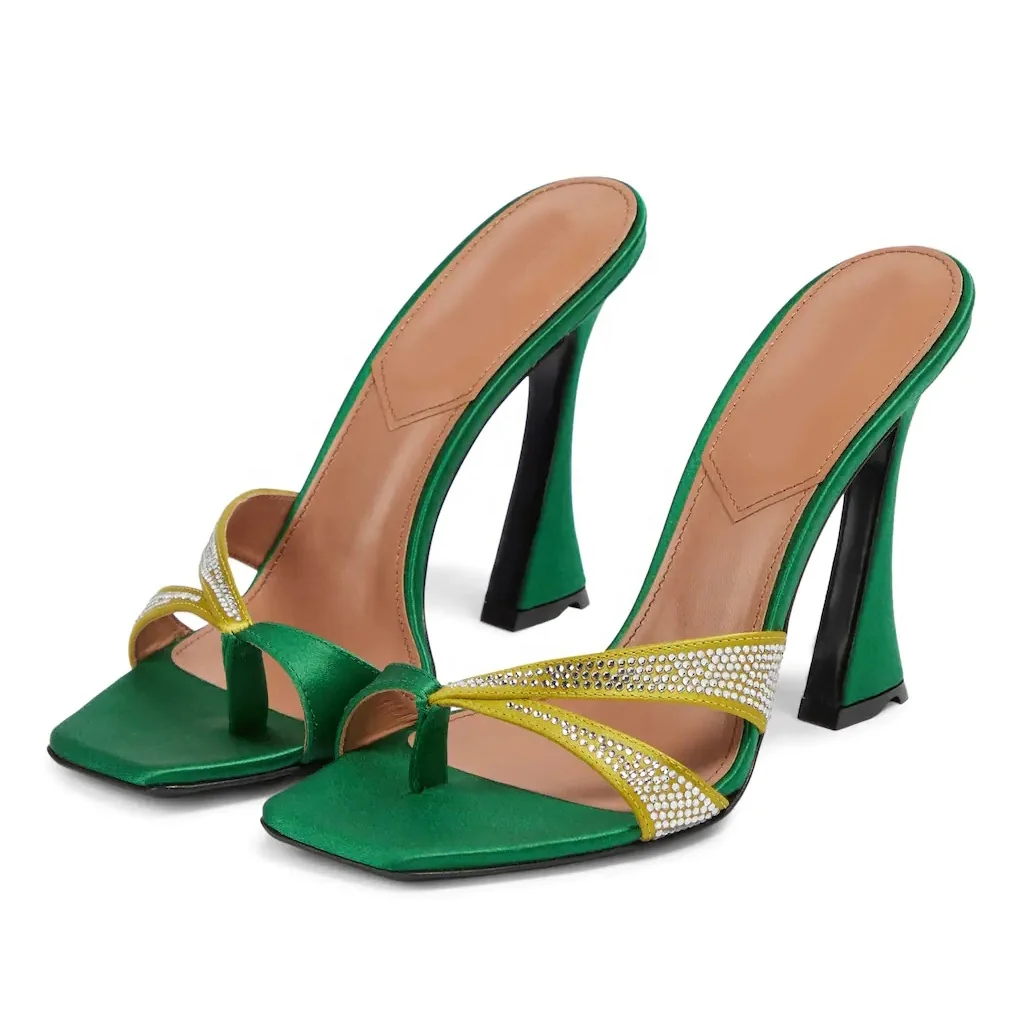 ENMAYER New Comings Of 2023 Summer Collections Square Toe Hoof Heels Diamonds Women Slide Shoes