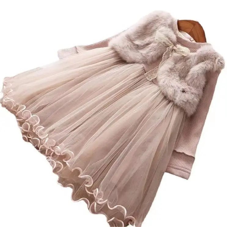 Girls Winter Clothing Princess Style Dress Pink Warm Fur One-piece Fleece-Lined Thickened Dress