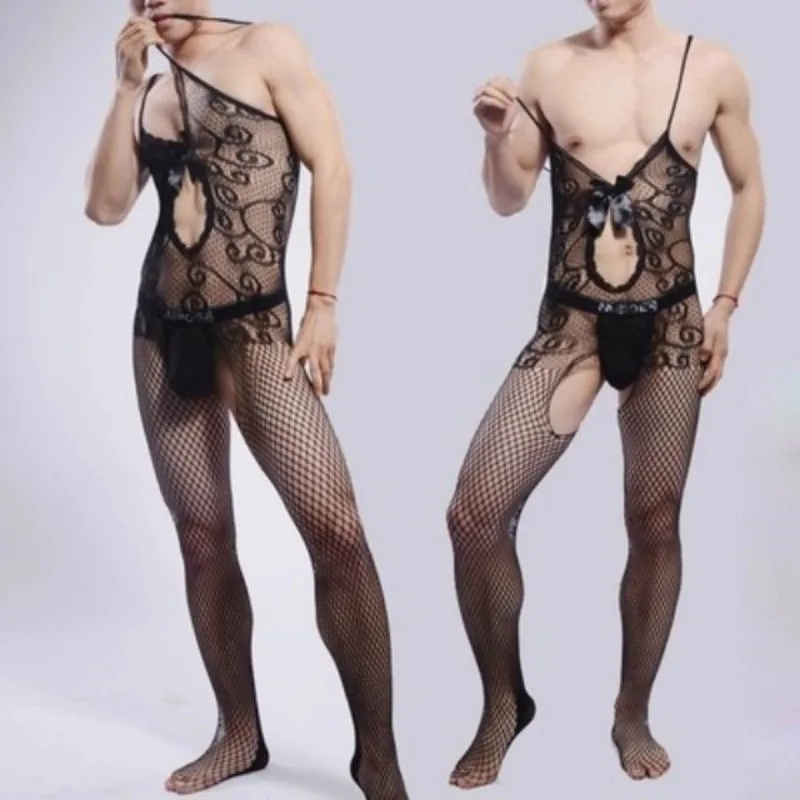 2017 Lace Pantyhose Sexy See-thru Black Bodystockings for Men gay Open-crotch Coveralls Stockings Body Stocking Bodyhose socks