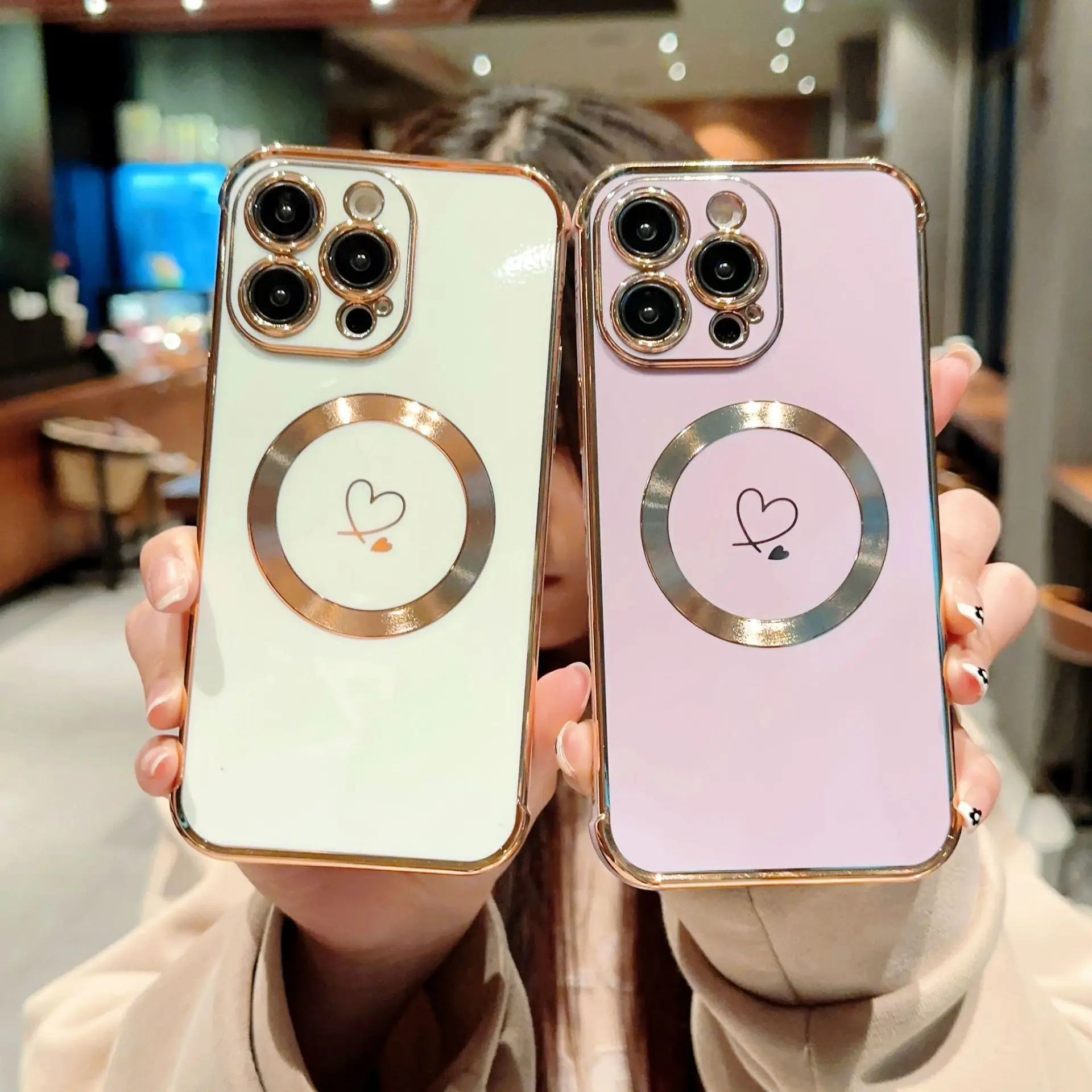 New  Girls Design Phone Case Electroplated Love Heart Protective Case with Strong Magnetic for iPhone 14 15 16 Pro Max