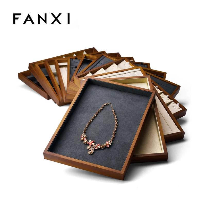 FANXI Wholesale Custom  Jewelry Display Tray  Wooden Beige Gray   Ring Earring Pendant Display