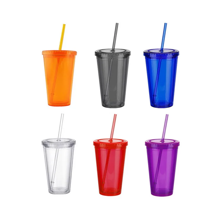 
500ml Coffee Juice Tea Cup Clear Double Walled Ice Cold Drink Reusable Smoothie Plastic Iced Tumbler Travel Mug With Straw 