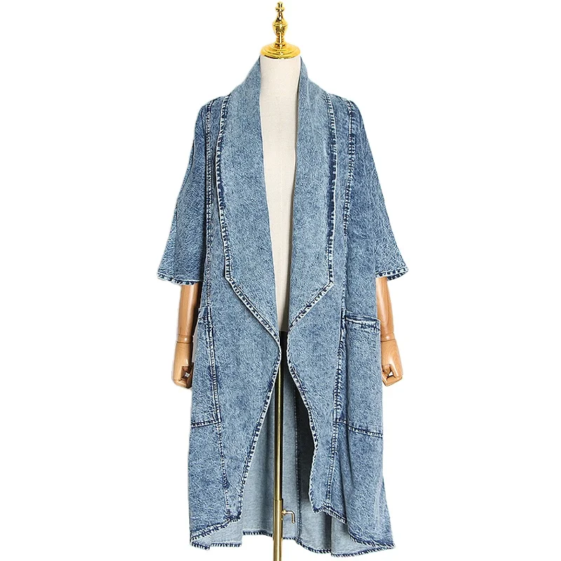 Spring Women Elegant Vintage Snow Washed Denim Windbreakers Lapel Collar Half Sleeve Casual Coat OEM