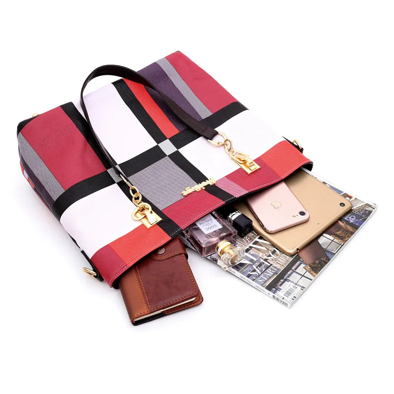 Wholesale Vintage Girl Striped Plaid Leather Ladies Bag 3-Piece Tote Bag Women Handbag Set