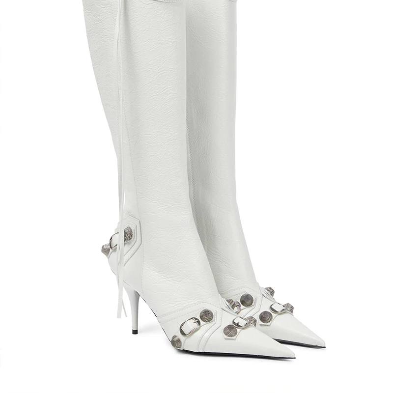 Support OEM/ODM women sewing thread rivets tassel buckle leather stiletto high heels side zip knee high boot custom pointy