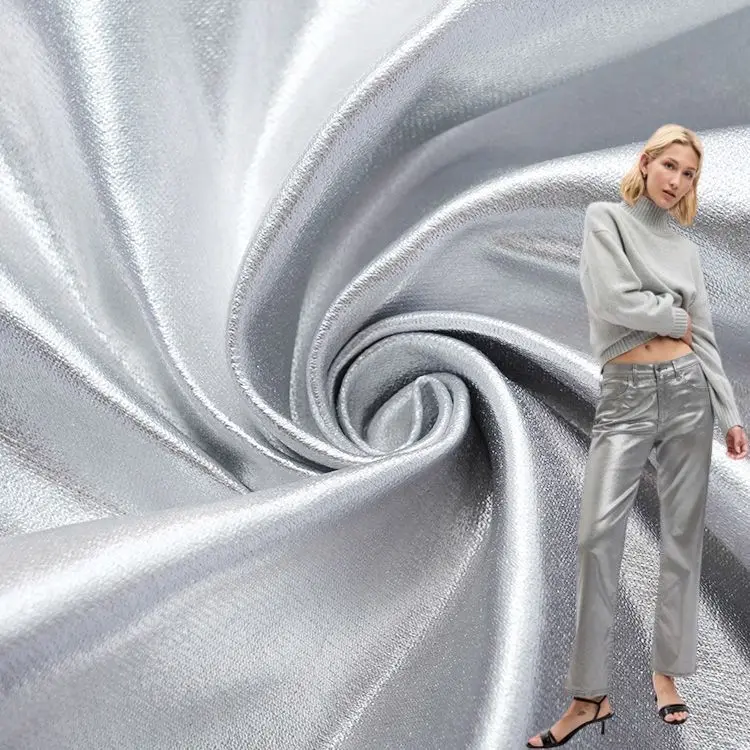 Custom Printed PU Coated Bengaline Twill Nylon Silver Stretch Jean Fabric