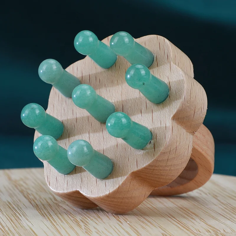 Hanhe Custom Natural Stone Wooden Scalp Massager Jade Guasha Head Therapy Tools Green Gua Sha Massage Comb