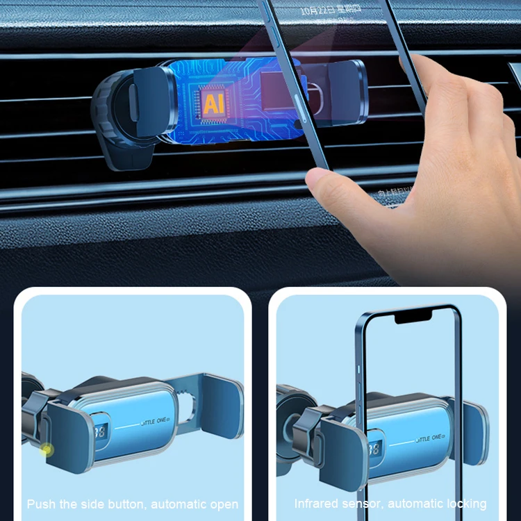 Stable electric phone holder for car air vent dashboard mobile phone mount with power display automatic locking cell phone mount