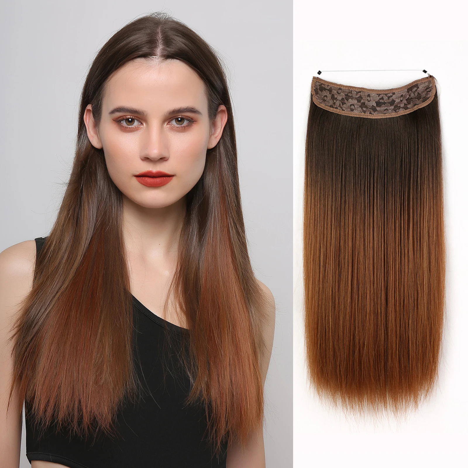 20 Inch 105g Straight Synthetic Dark Brown Invisible Wire Fish Line Hair Extensions