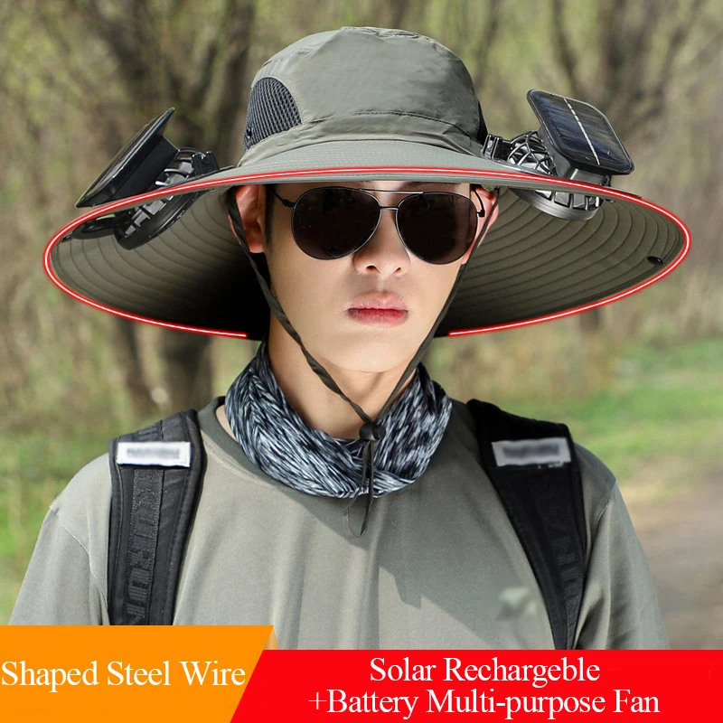 High Quality Outdoor Fishing Hiking Safari Travel Summer Upf50+ Wide Brim Sunscreen Sun Hat With Dual Solar Charging Fan