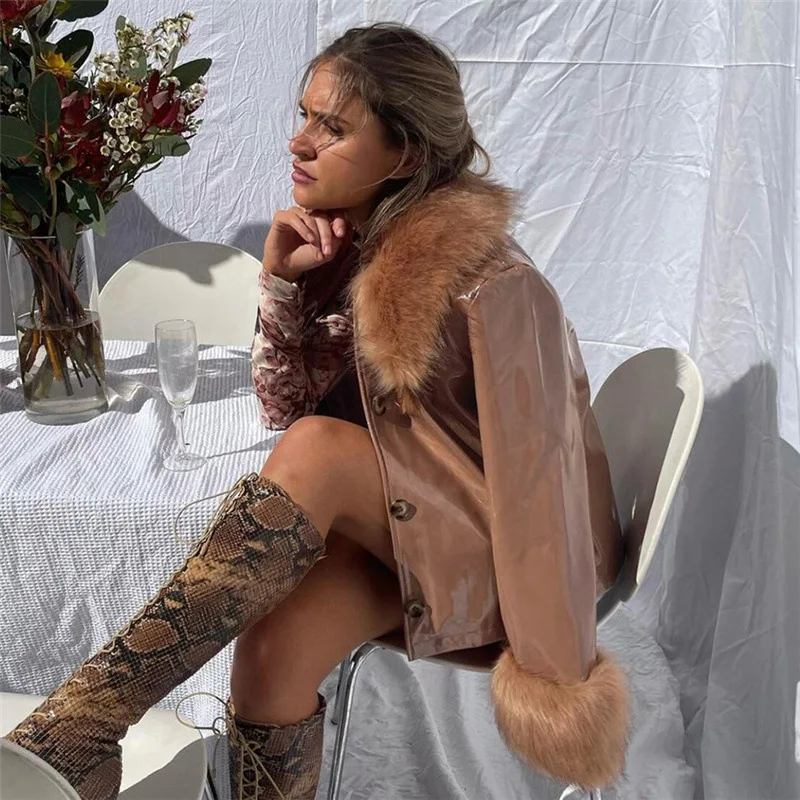 Autumn Fashion Fit Long Sleeve Fitness Jacket Fur Collar Single Breasted Slim Body Warm PU Leather Coat For