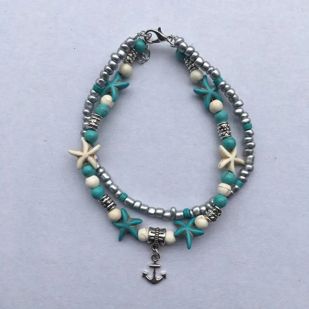 Starfish Multilayer Charm Anklet Beads Sea Handmade Boho Elephant Tree of Life Anklet Foot Jewelry for Women