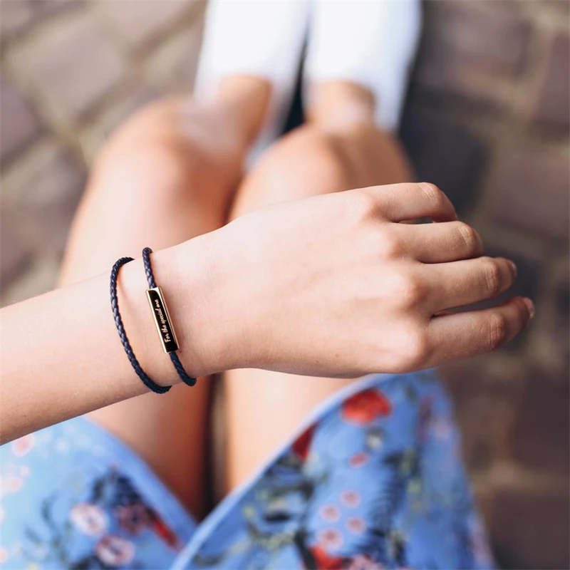 Couple Men Women Jewelry Customized Bar Tags Engraved Stainless Steel Magnetic Clasp Double Layer Braided Leather Bracelet