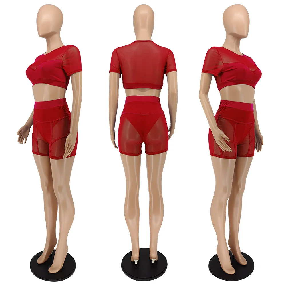 New Stylish European Style Tempting Angle Sexy Angle See Through Short Sleeve Mesh Pant Women Two Piece Set